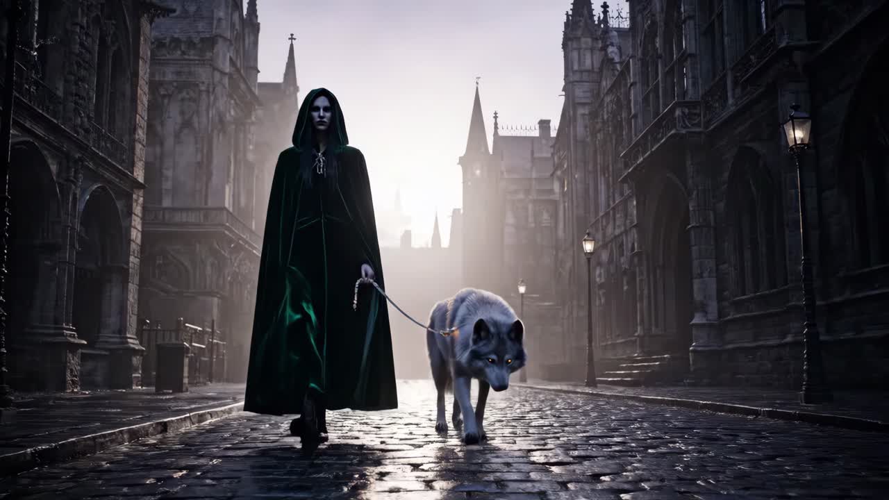 Woman and Wolf in Gothic City