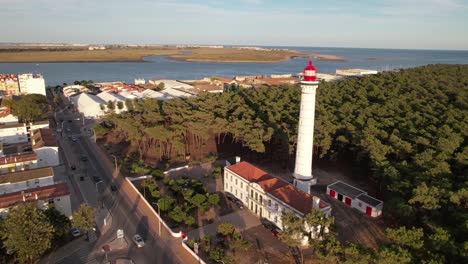 city lighthouse next to green forest park aerial view