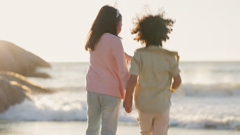 beach, back and children with vacation