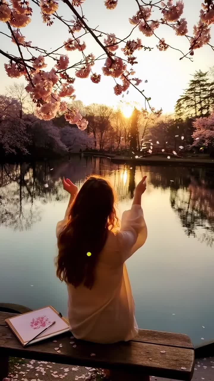 มุมกล้องวิดีโอโคลสอัพของดอกซากุระ จับภาพกลีบดอกสีชมพูสวยงามเมื่ออยู่บนท้องฟ้าสีฟ้า