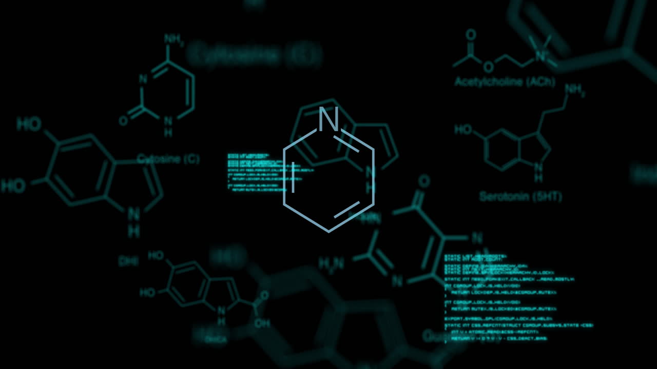 Animation of data processing over element diagrams on black background