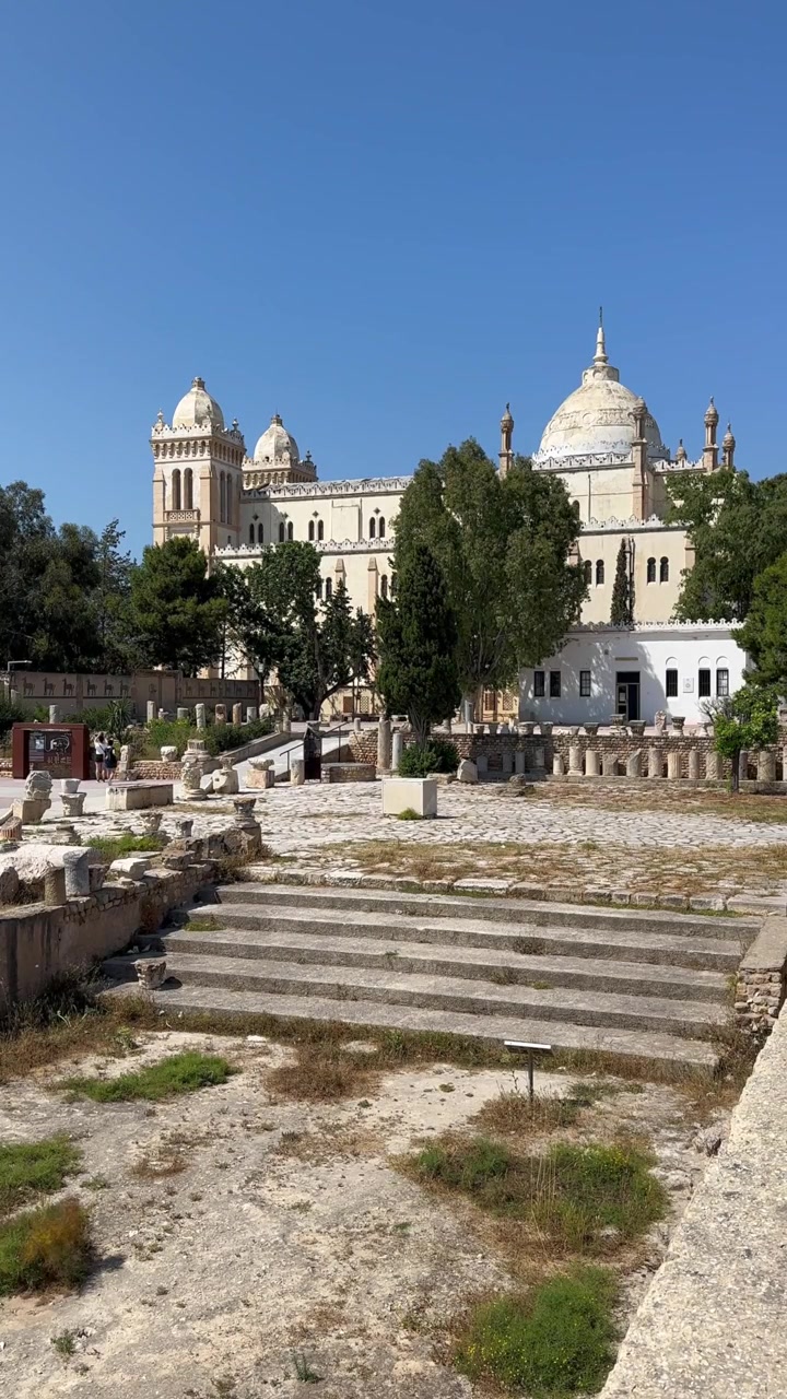 Gamle stenruiner og spredte søjler ligger foran Karthagos Akropolium (Saint Louis Katedralen) på en lys solskinsdag, med et par besøgende, der går blandt træer og historiske levn