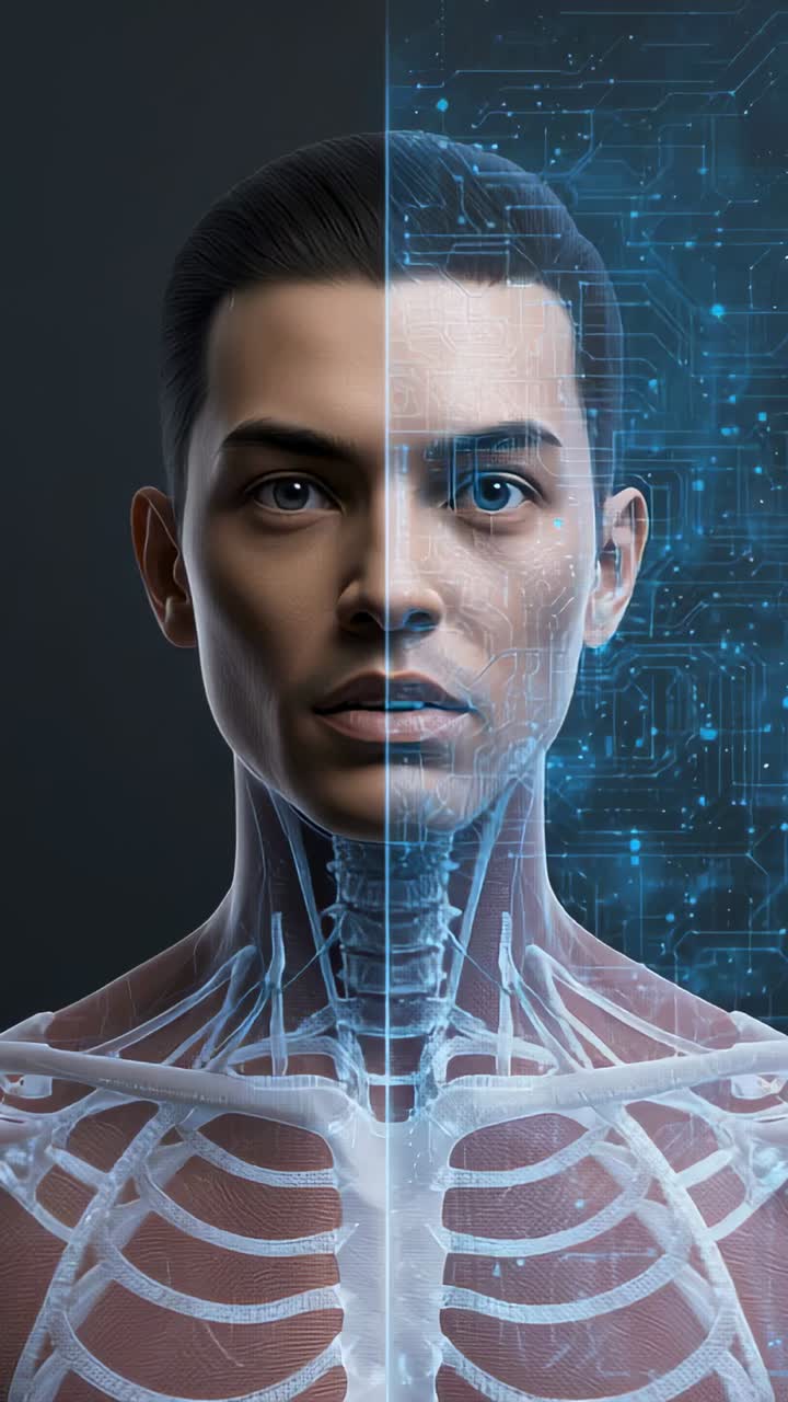 Vertical video: Playback showing cyborg face merging anatomy and circuits on dark backdrop