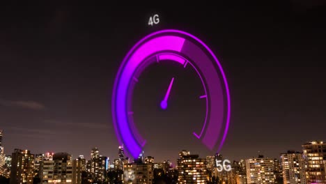 animation of purple speedometer over cityscape