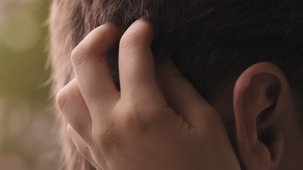 사랑하는 여자가 남자친구의 갈색 머리카락을  ⁇ 안고 있습니다.