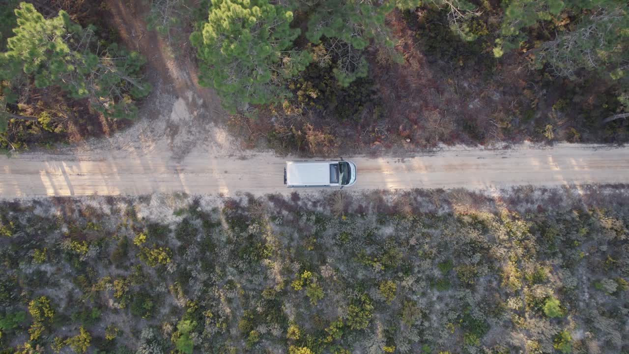 Camper che percorre una strada sabbiosa a Nazaré, con alti alberi che costeggiano un lato della strada
