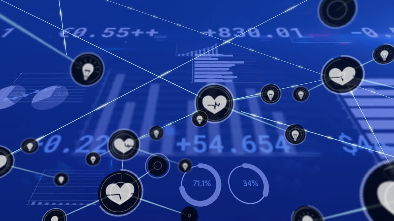 아이콘으로 연결된 네트워크를 통해 금융 데이터 처리의 애니메이션