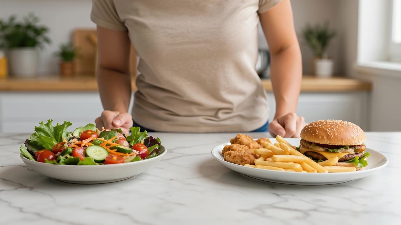 Persona che sceglie tra un'insalata fresca e un pasto fast food con hamburger e patatine fritte.