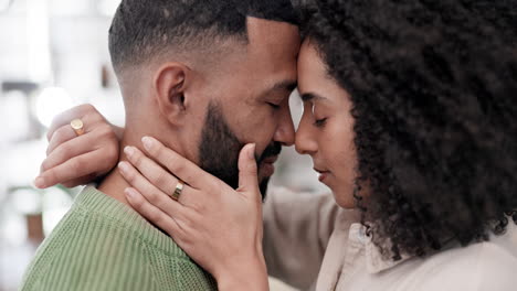 face, hug and couple in a living room calm