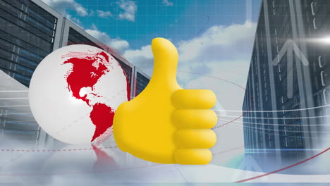 thumbs up and arrow icon over spinning globe and computer server against clouds in sky