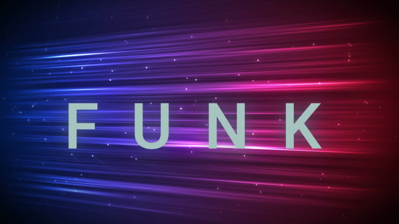 animación de texto funk en azul, sobre parpadeantes haces de luz púrpura y rosa