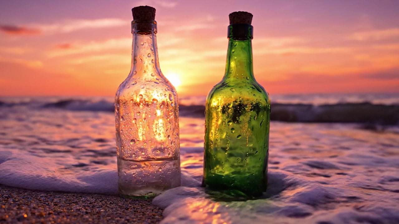 Un bellissimo tramonto sull'oceano con la luce solare che si riflette su due bottiglie, una trasparente e una verde, appoggiate sulla spiaggia sabbiosa