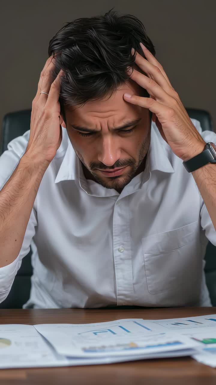 Vertical video: Reacting to documents, man in white shirt rubbing head at desk, checking numbers