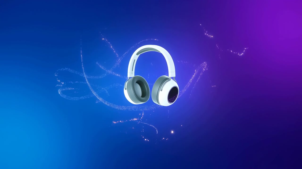 Cuffie over-ear bianche sospese contro una sfumatura dal blu al viola con scie di particelle scintillanti, illuminazione da studio pulita, stile di prodotto moderno ed elegante, composizione centrata e dettagli lucidi