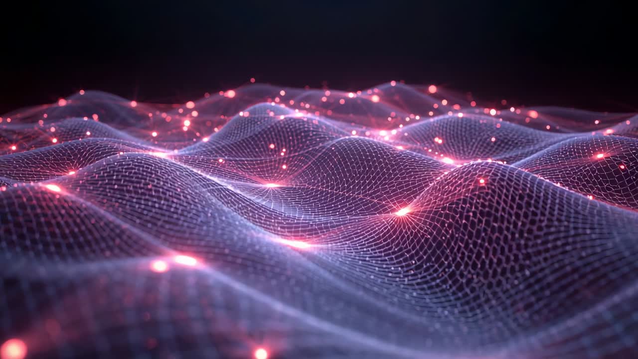 Opening wireframe mesh rising and falling through dark void, with pulsing pink-red nodes