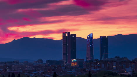 timelapse of a beautiful sunset in madrid. madrid skyline, four towers bussines area as main subject.
