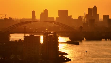 Cinematic-sunset-golden-scene-of-traffic-crossing-Van-Brienenoord-bridge