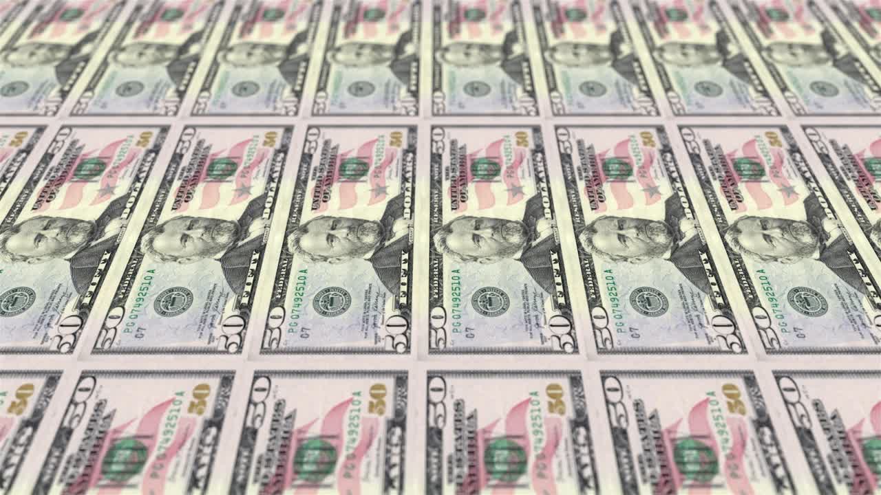 impresión de billetes de dólar estadounidense. billetes de 50 dólares en la máquina de impresión de dinero. animación 3d.