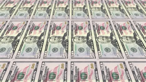 american dollar banknote printing. 50 dollar bills on money printing machine. 3d animation.