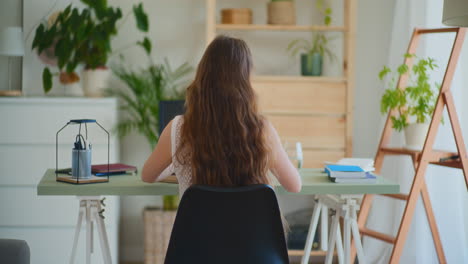 vista trasera mujer estudiando en el escritorio