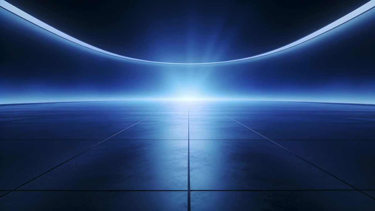 Luce dell'orizzonte centrale che si intensifica, emettendo raggi e riflettendosi sul pavimento piastrellato per svelare il palco.