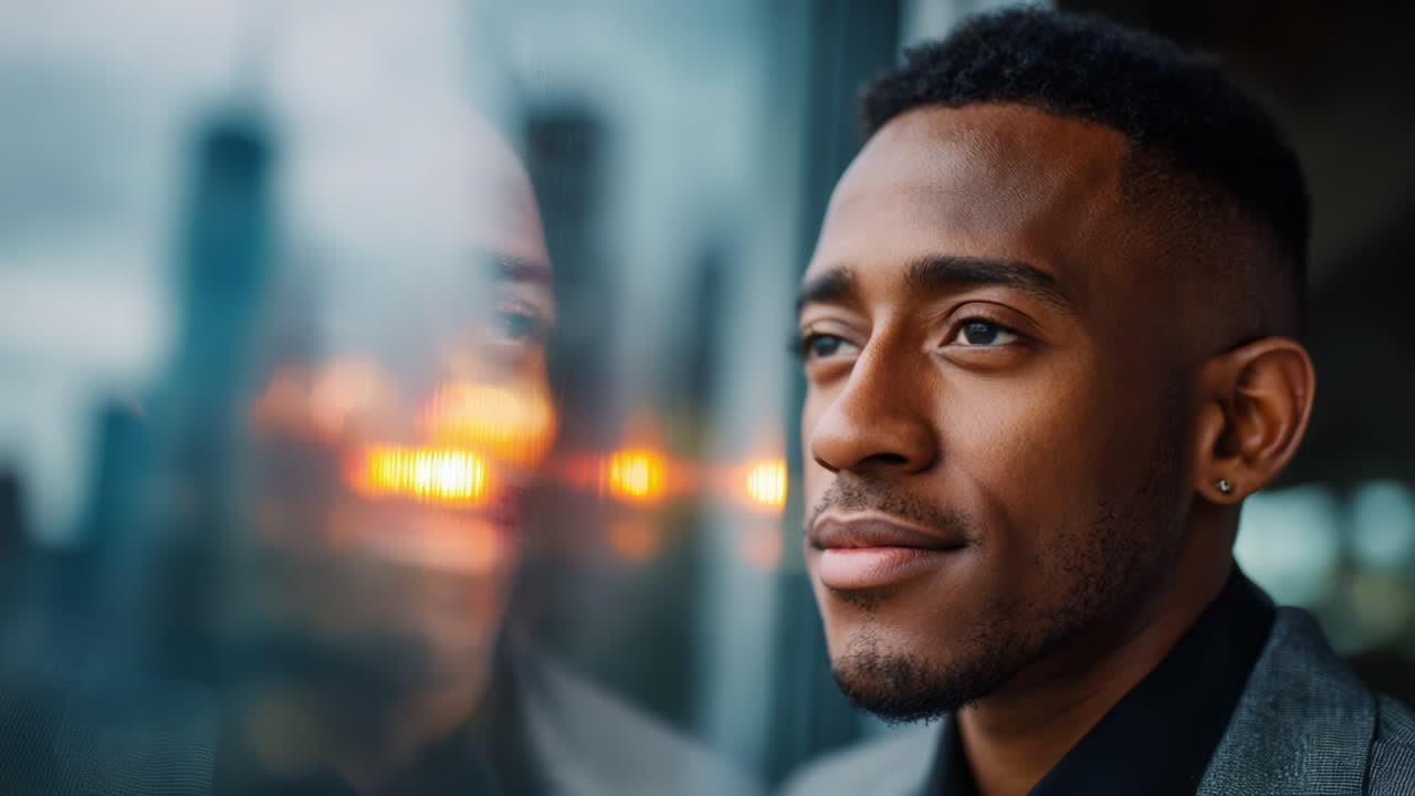 A contemplative young man with a calm expression gazes out of a window, reflecting thoughts and emotions while city lights create a beautiful bokeh effect in the background, embodying introspection and serenity