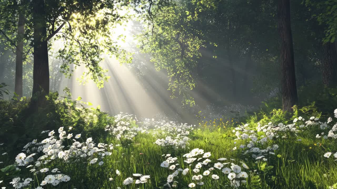 Sunlit forest scene with daisies, captured from a low angle