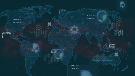 Animación-Del-Procesamiento-De-Datos-Digitales-Sobre-El-Mapa-Mundial-Sobre-Fondo-Oscuro