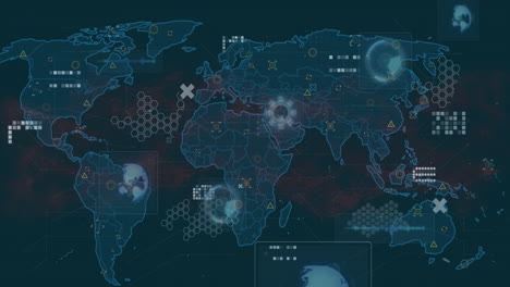 animación del procesamiento de datos digitales sobre el mapa del mundo en fondo oscuro