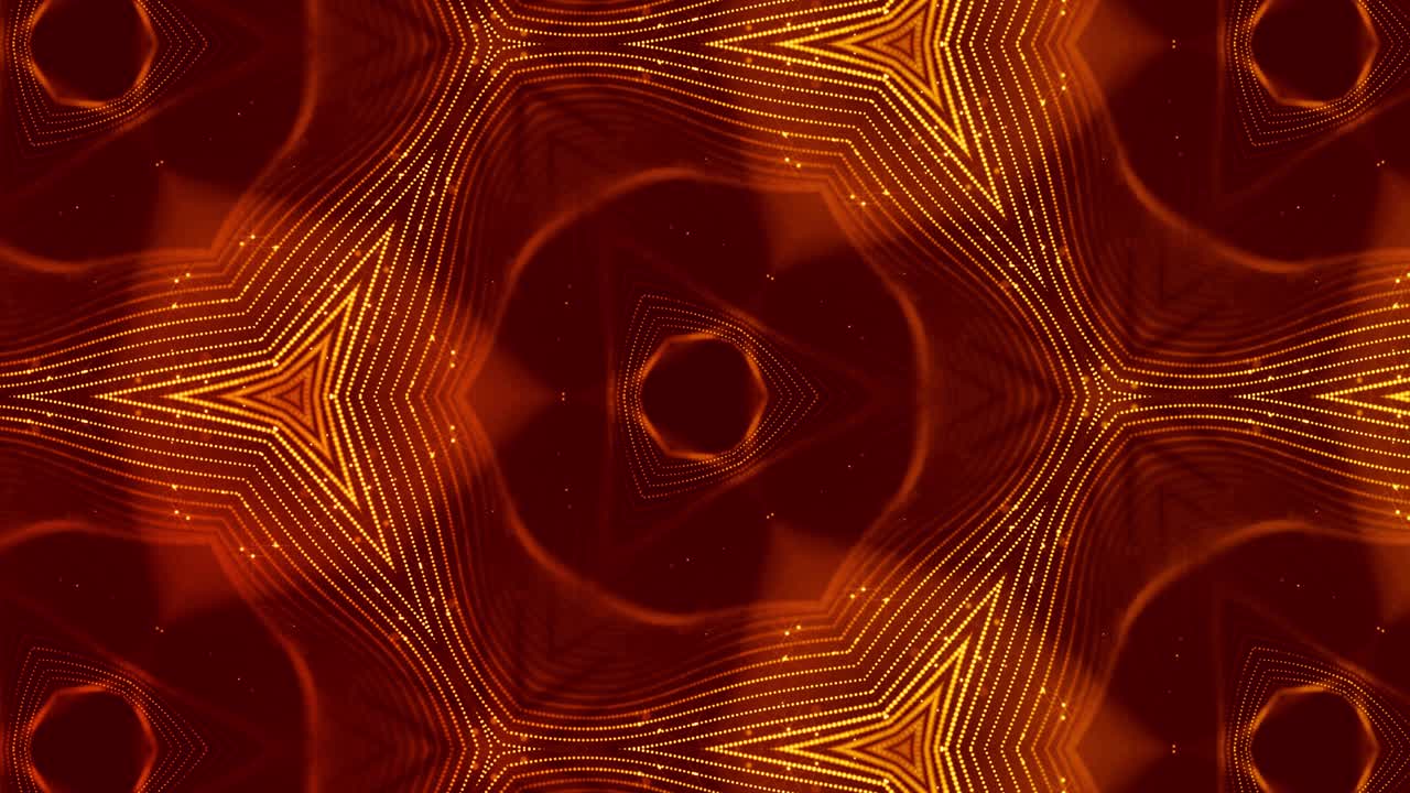 Abstraction of microworld of nanotechnology. 4k looped sci-fi 3d background with glow gold particles form lines, surfaces, pattern, complex symmetrical kaleidoscopic structures. 7
