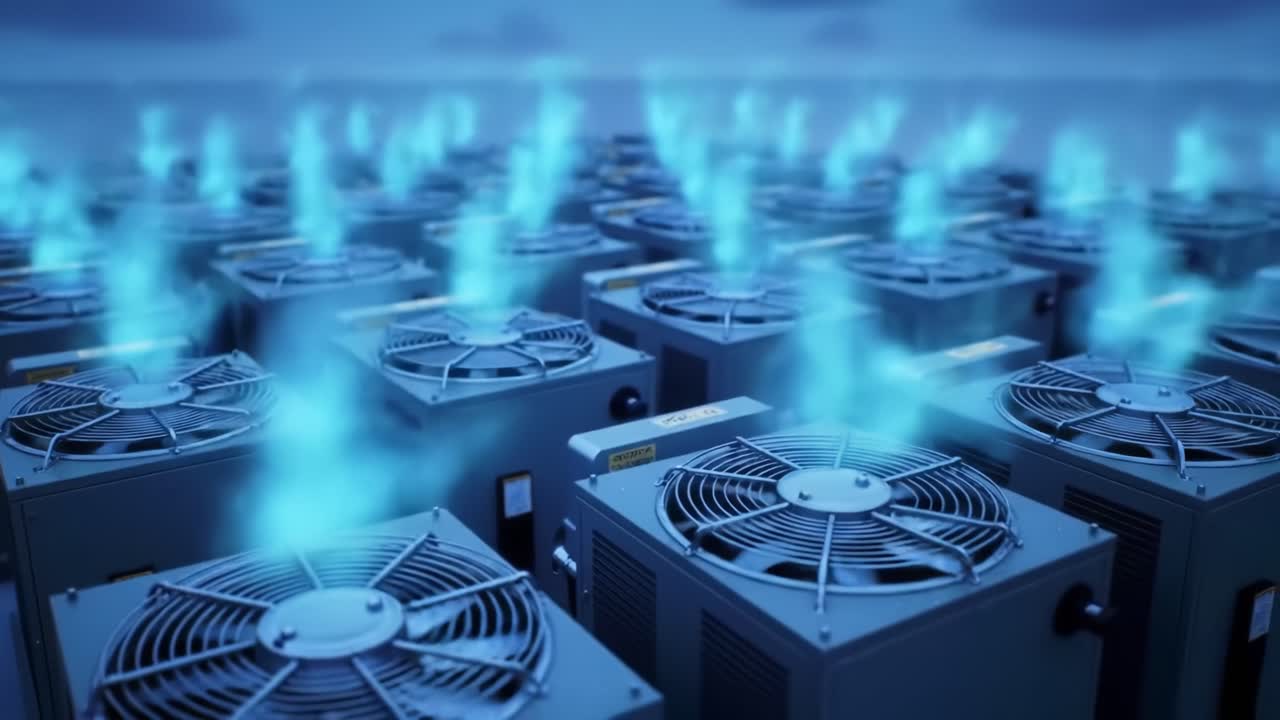 Numerous high-performance cooling units are actively operating in a data center, delivering cold air to maintain optimal temperatures. This ensures the reliable functioning of server equipment.