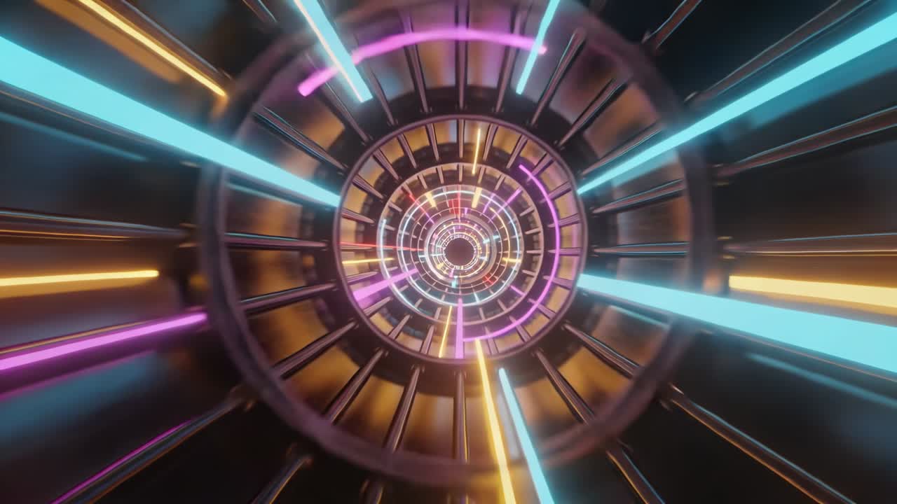 Video verticale: Telecamera che si muove nel nucleo di un tunnel tecnologico, rivelando anelli, raggi e archi al neon per effetti di movimento.