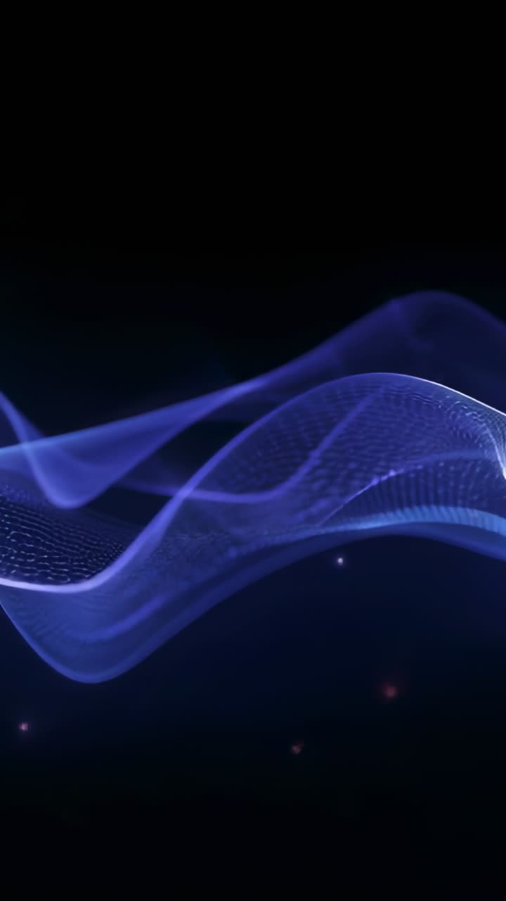 Vertical video: Emerging from left, blue ribbon waving across navy canvas, with mesh grid, sparks