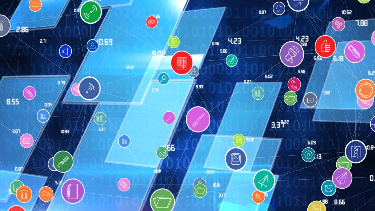 Animation of network of connections with digital icons over binary coding in background