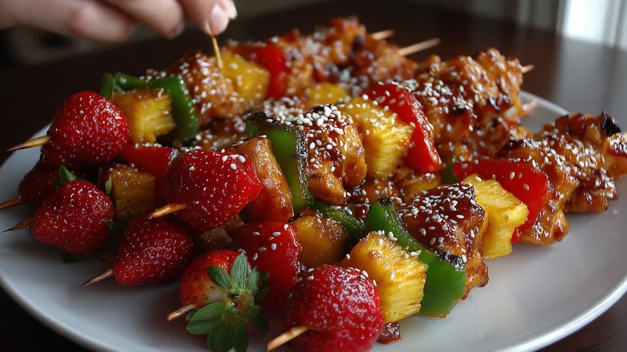 Spiedini deliziosi e colorati con pollo grigliato, ananas, peperoni e fragole fresche, arricchiti con una salsa dolce e semi di sesamo per un'esperienza culinaria saporita.