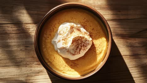 delicious pumpkin mousse with whipped cream on wooden table