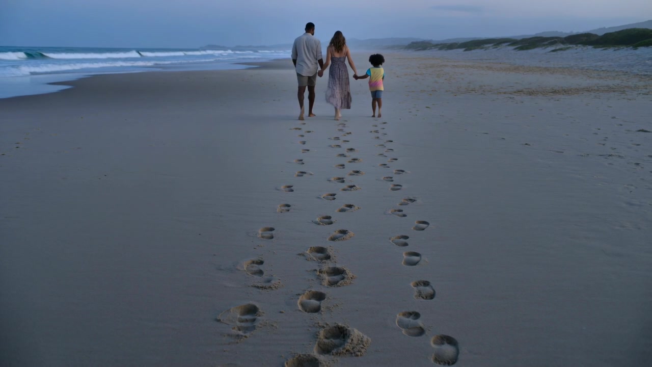 Familie spaserer langs strandlinjen i skumringen, etterlater fotspor. Kvinne i kjole holder barnets hånd med lys skjorte.