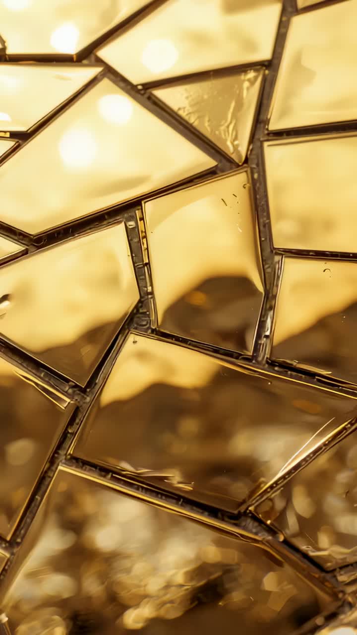 Vertical video: Pulling camera showing gold tiles in interior, revealing grout, drops, gleam