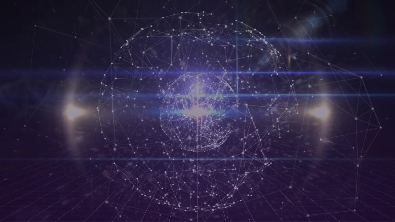 Animazione di connessioni e globo su sfondo viola con luci.
