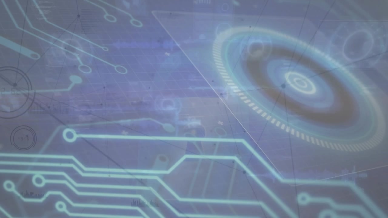 Animation of network of connections with data processing and padlock icon on black background