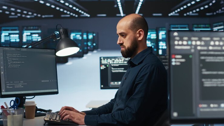IT expert programming in data center with supercomputers
