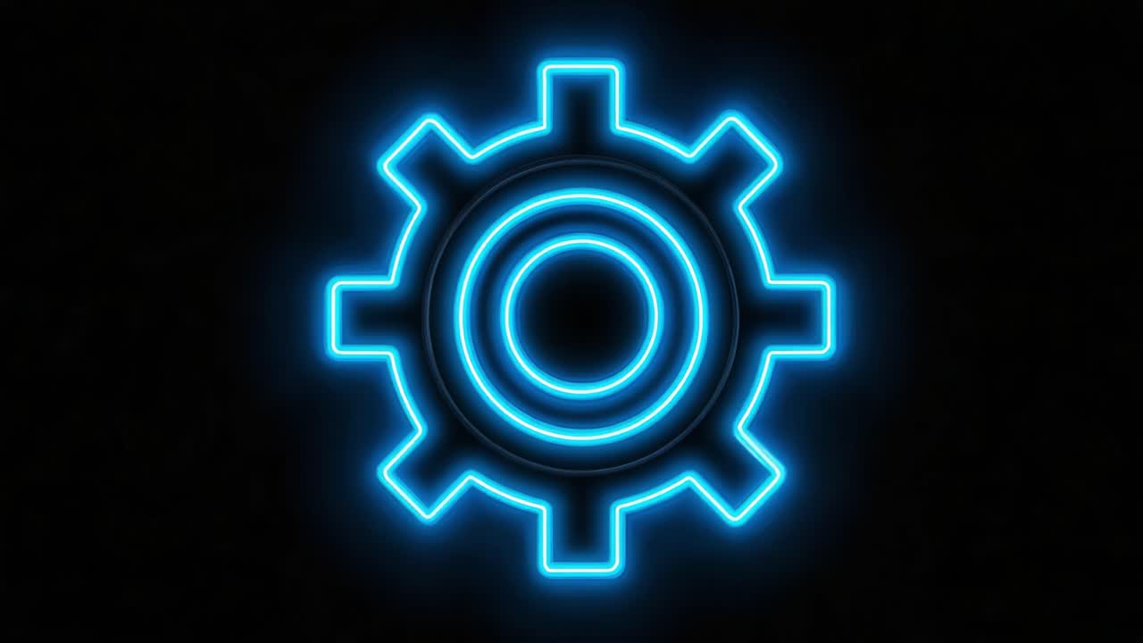 Simbolo di ingranaggio illuminato: Una sfolgorante rappresentazione di meccanismo e innovazione in blu neon su uno sfondo scuro.