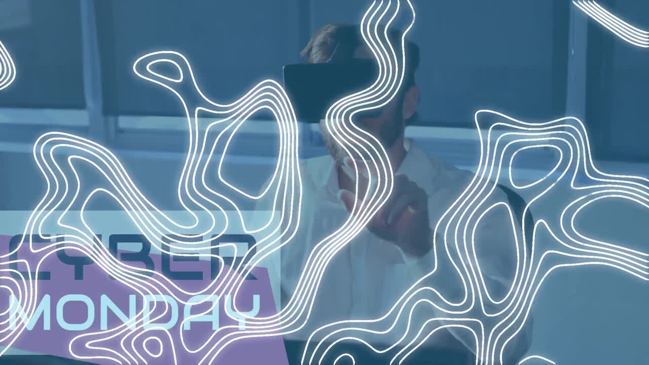 텍스트의 애니메이션, 사이버 월요일, 그리고 움직이는 윤 ⁇  선, vr 헤드 ⁇ 을 착용한 남자