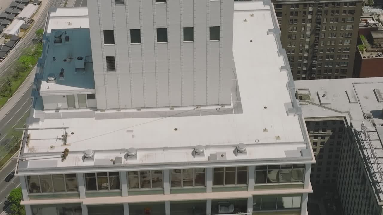 View of towering buildings and greenery in downtown Chicago