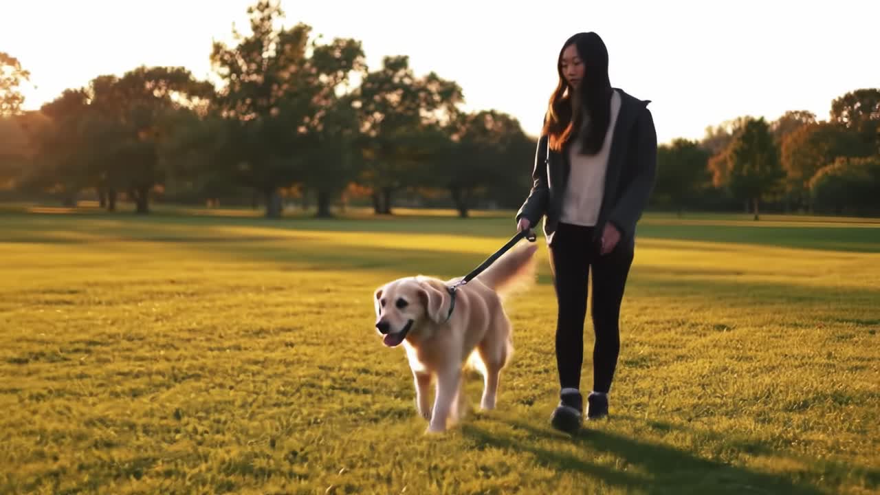 A serene sunset stroll featuring a young woman walking her golden retriever across a sunlit park, capturing the essence of companionship and nature's tranquility.