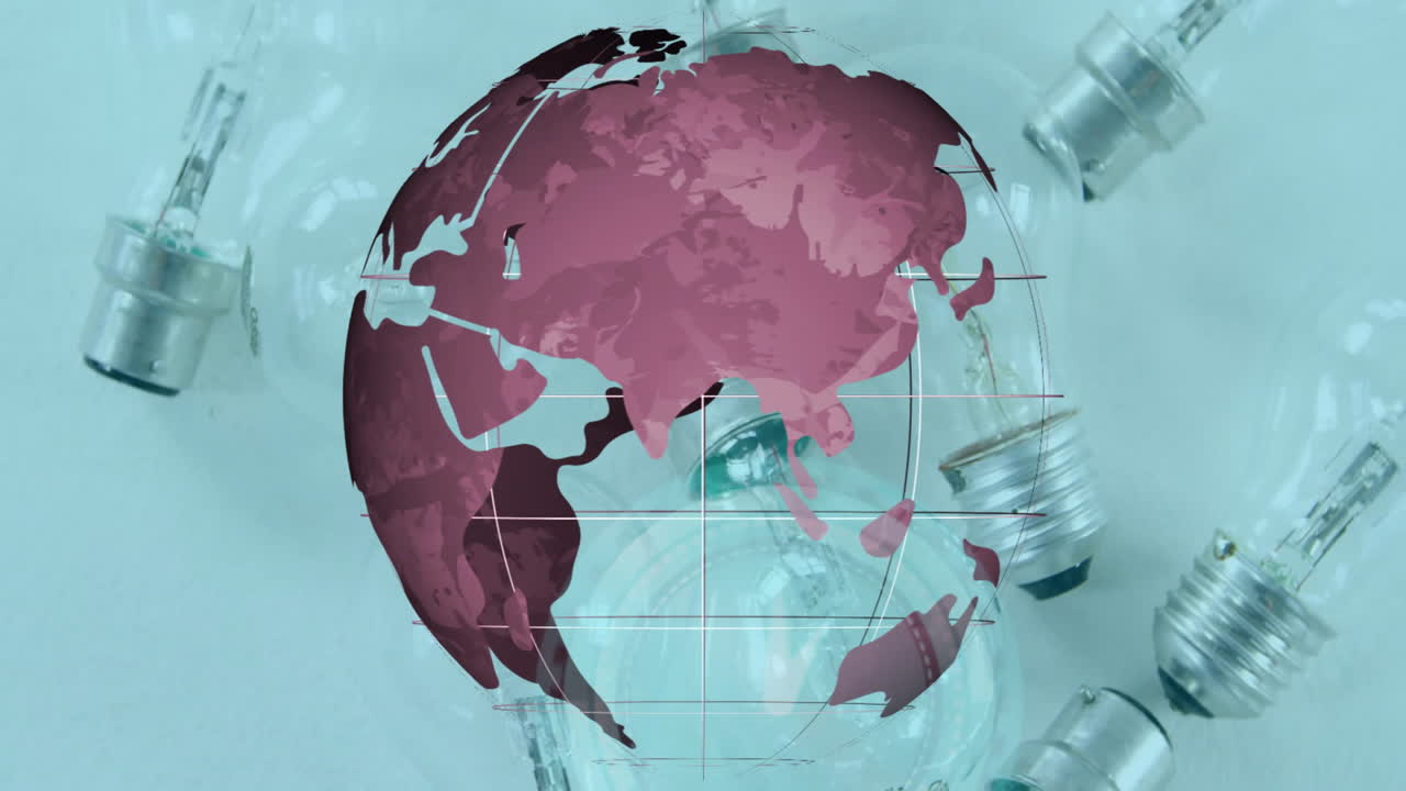 Rotating globe animation over scattered light bulbs on blue background
