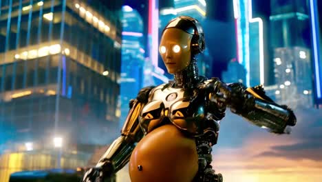 a futuristic pregnant robot in a neon-lit cityscape