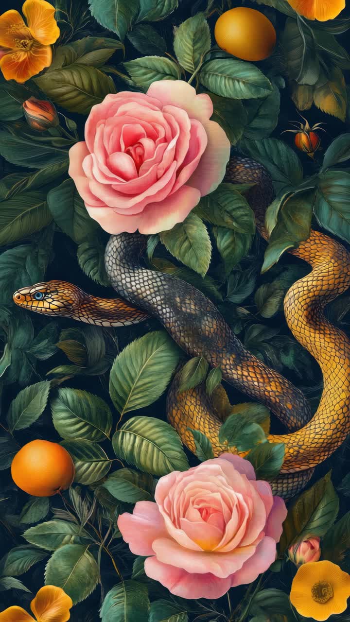 Vibrant Illustration of a Snake Coiled Among Roses, Leaves, and Fruit