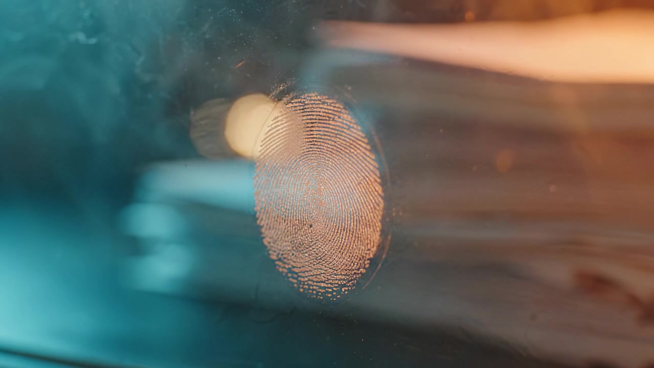 Intricate Close-Up of a Fingerprint on a Glass Surface with a Soft Focus Background, Highlighting Detail and Texture in an Atmospheric Setting