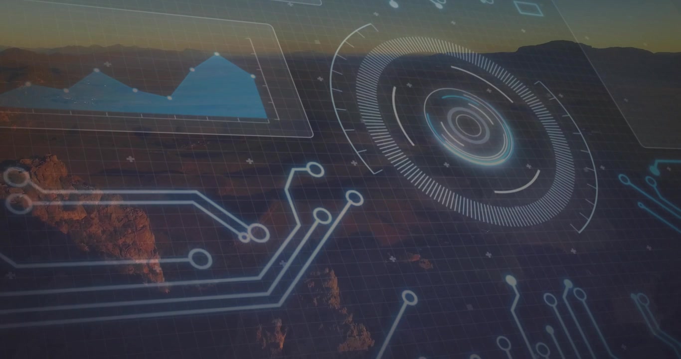 Sunlight illuminating canyon initiating HUD chart fading and rings rotating visualizing data flow